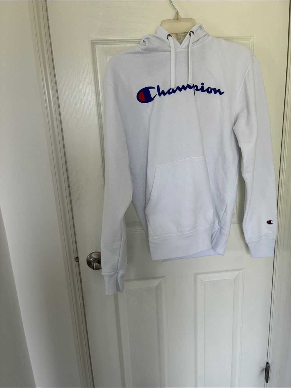 Champion White Hoodie with Blue Script and Red Accent Logo